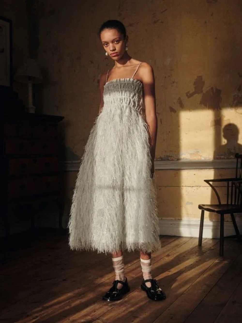 Ganni Feather Lurex Shirred Midi Dress